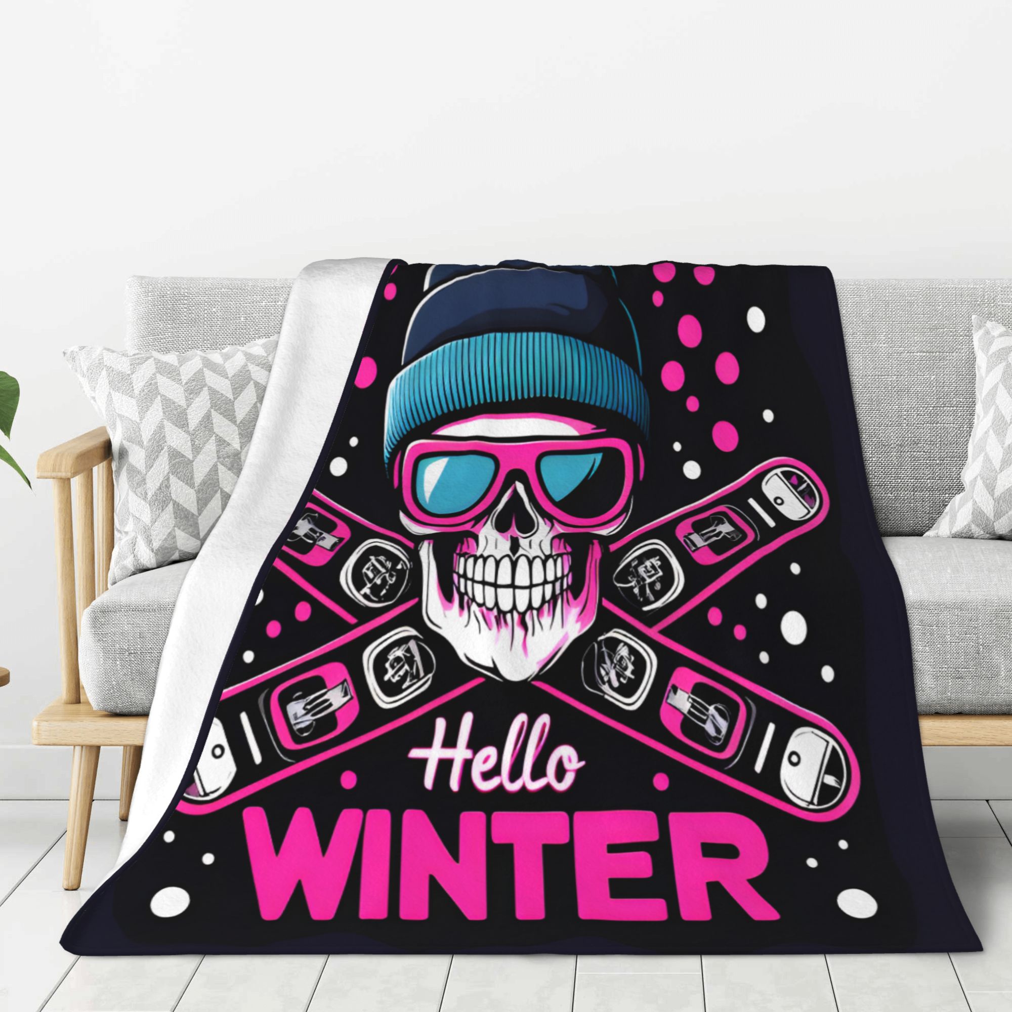 Skiing Skull Throw Blanket Soft Lightweight Warm Cozy Plush Blanket for Couch Bed Sofa