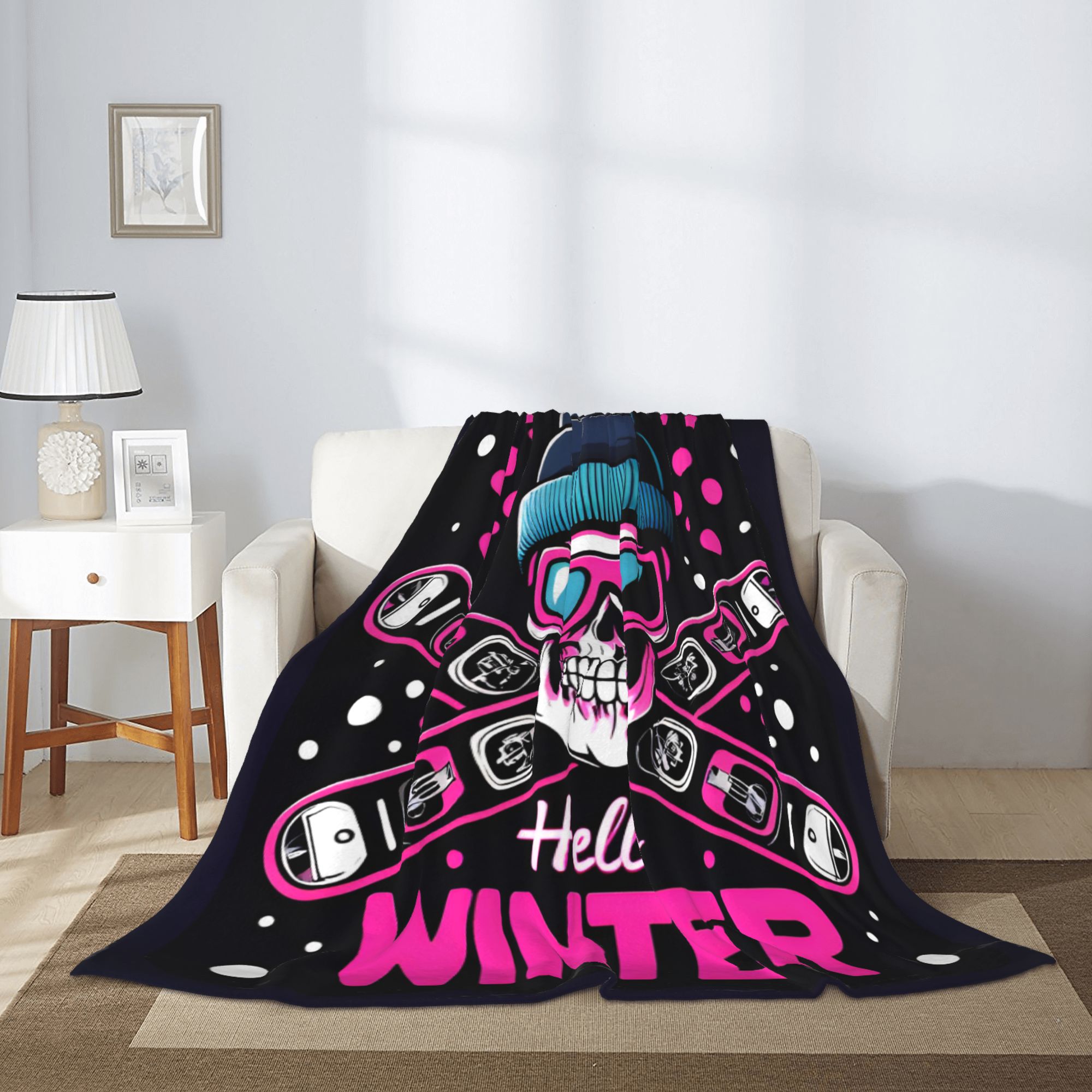 Skiing Skull Throw Blanket Soft Lightweight Warm Cozy Plush Blanket for Couch Bed Sofa