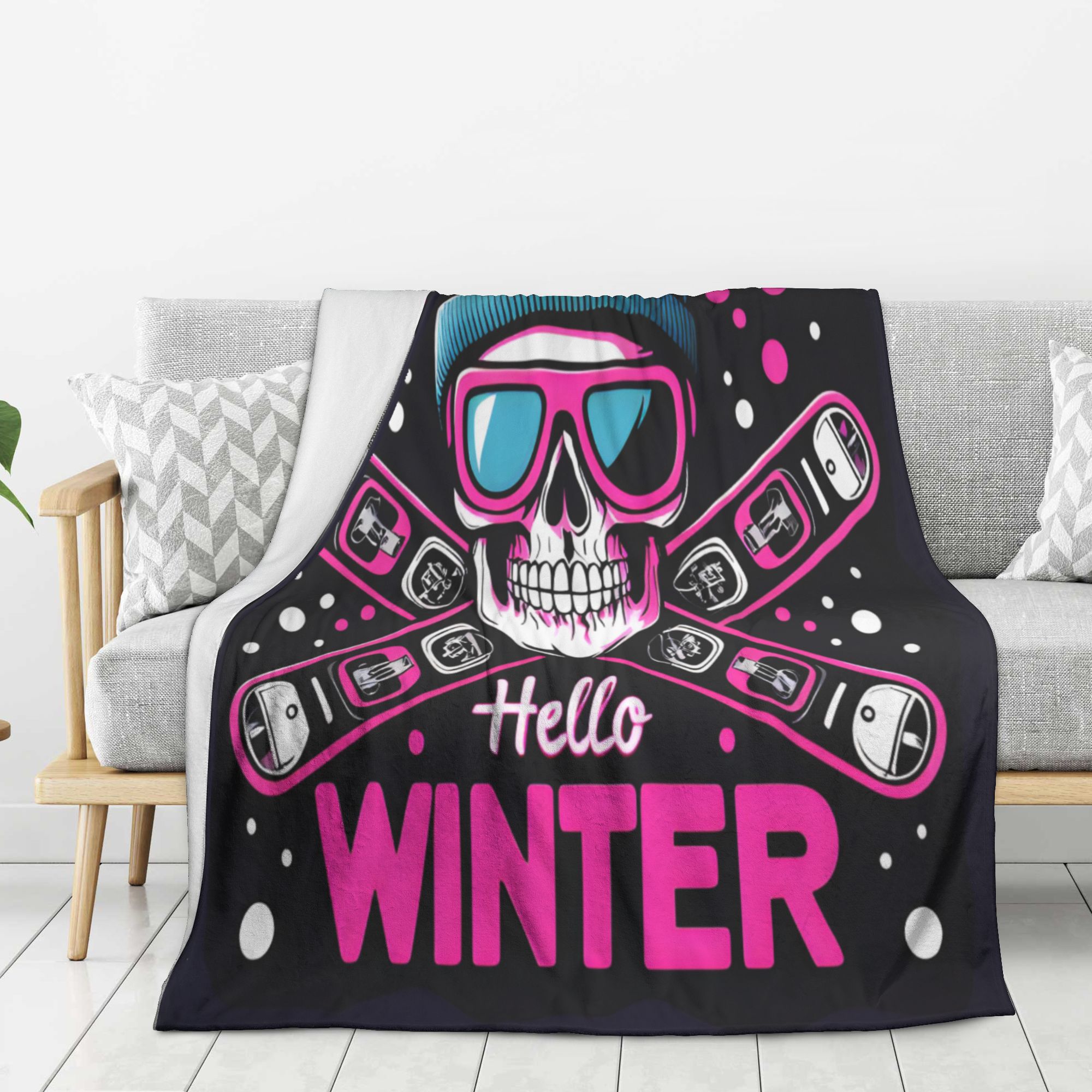 Skiing Skull Throw Blanket Soft Lightweight Warm Cozy Plush Blanket for Couch Bed Sofa