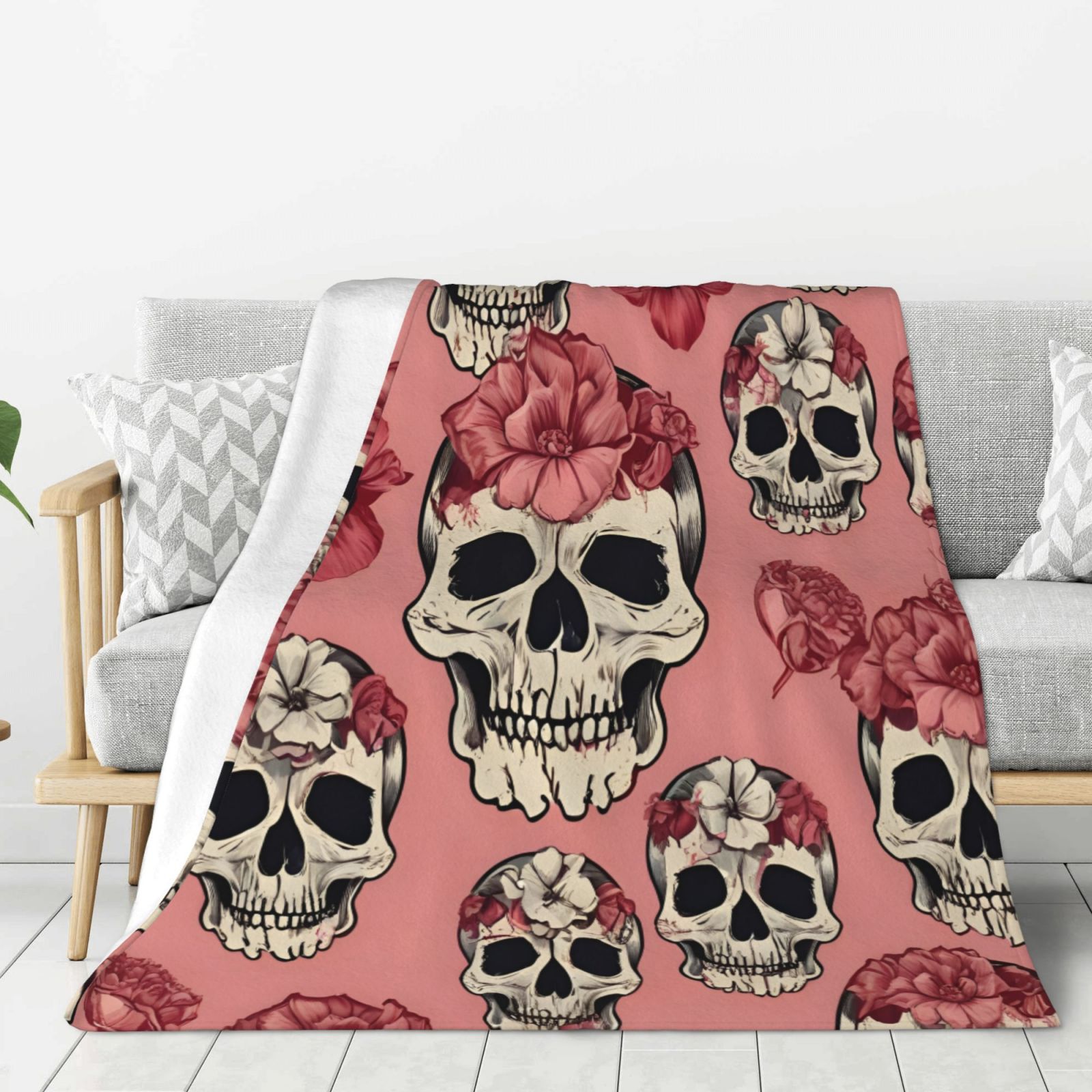 Rose Skull Throw Blanket Soft Lightweight Warm Cozy Plush Blanket for Couch Bed Sofa Valentine's Day