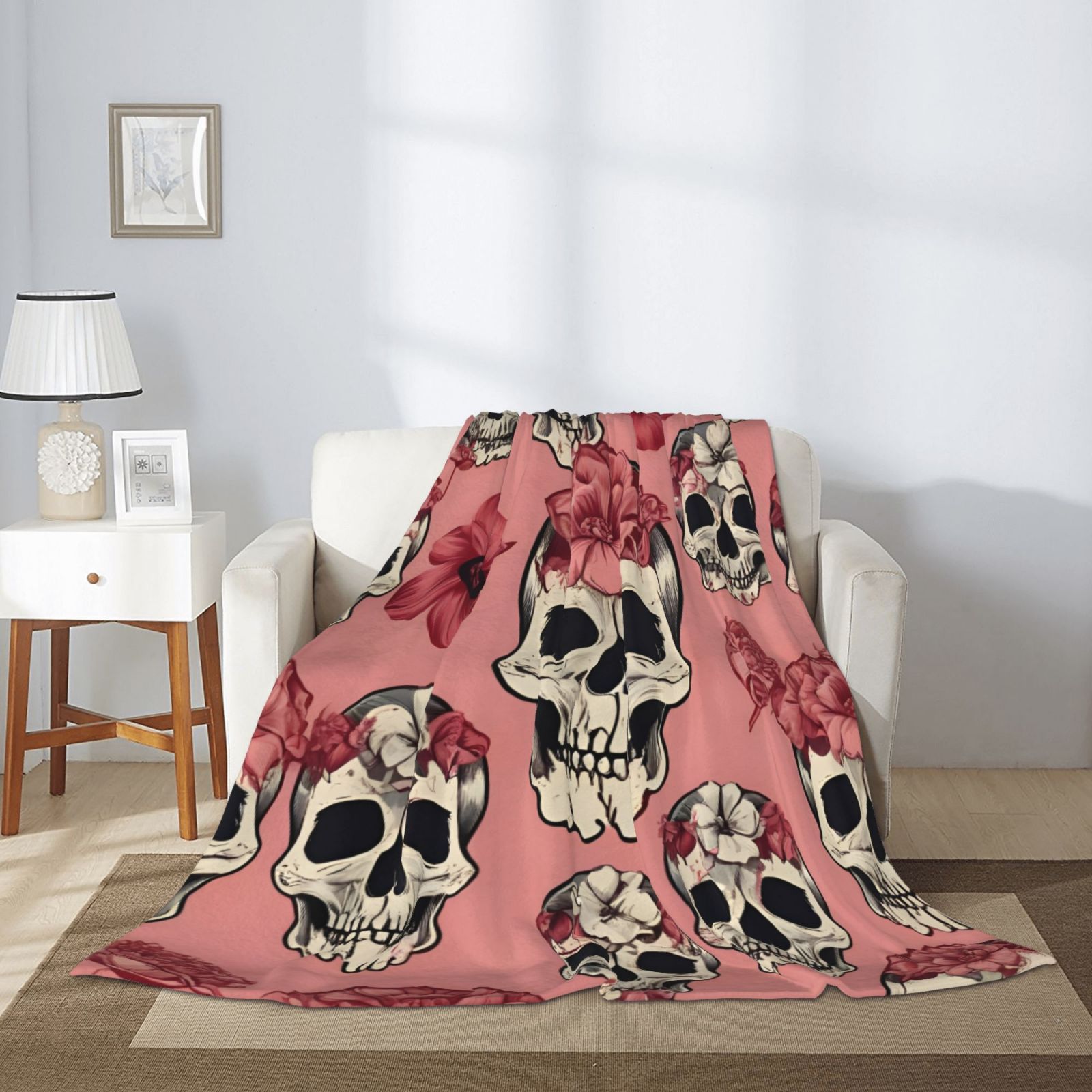 Rose Skull Throw Blanket Soft Lightweight Warm Cozy Plush Blanket for Couch Bed Sofa Valentine's Day