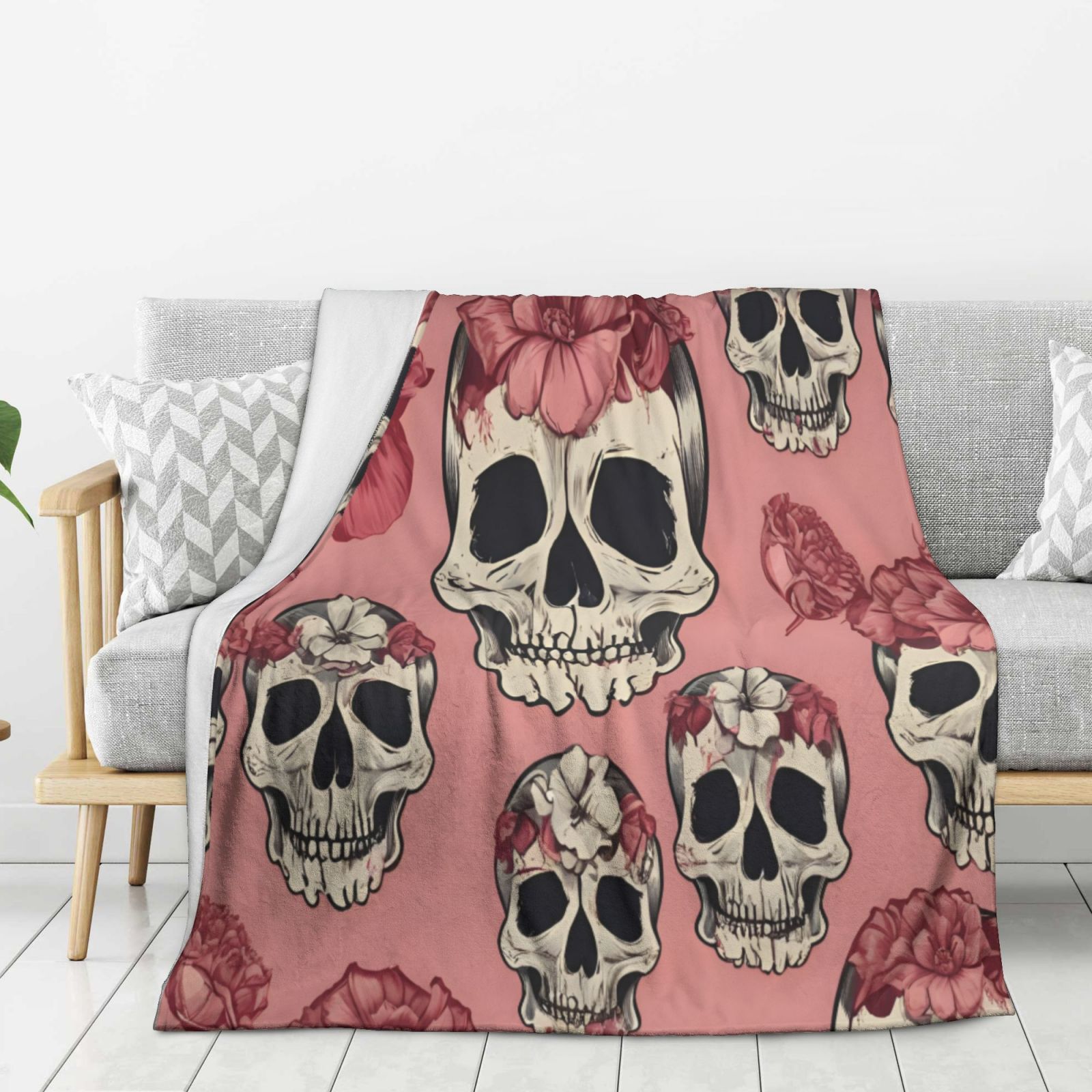 Rose Skull Throw Blanket Soft Lightweight Warm Cozy Plush Blanket for Couch Bed Sofa Valentine's Day